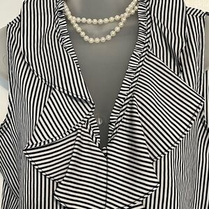 Black and White Striped Ruffle Blouse